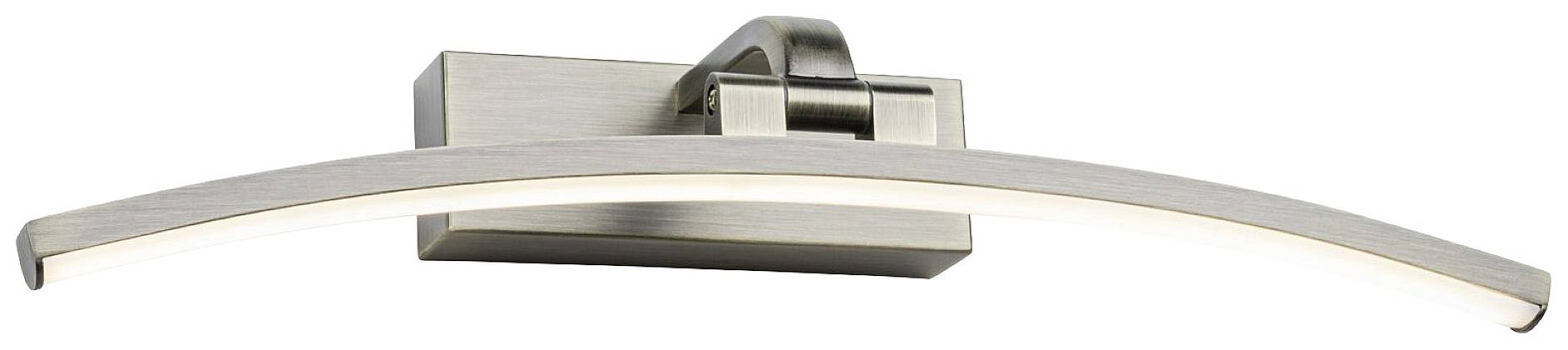 Curved LED wall light in brushed nickel with a rectangular base, featuring a modern design, suitable for interior spaces such as bathrooms or hallways.