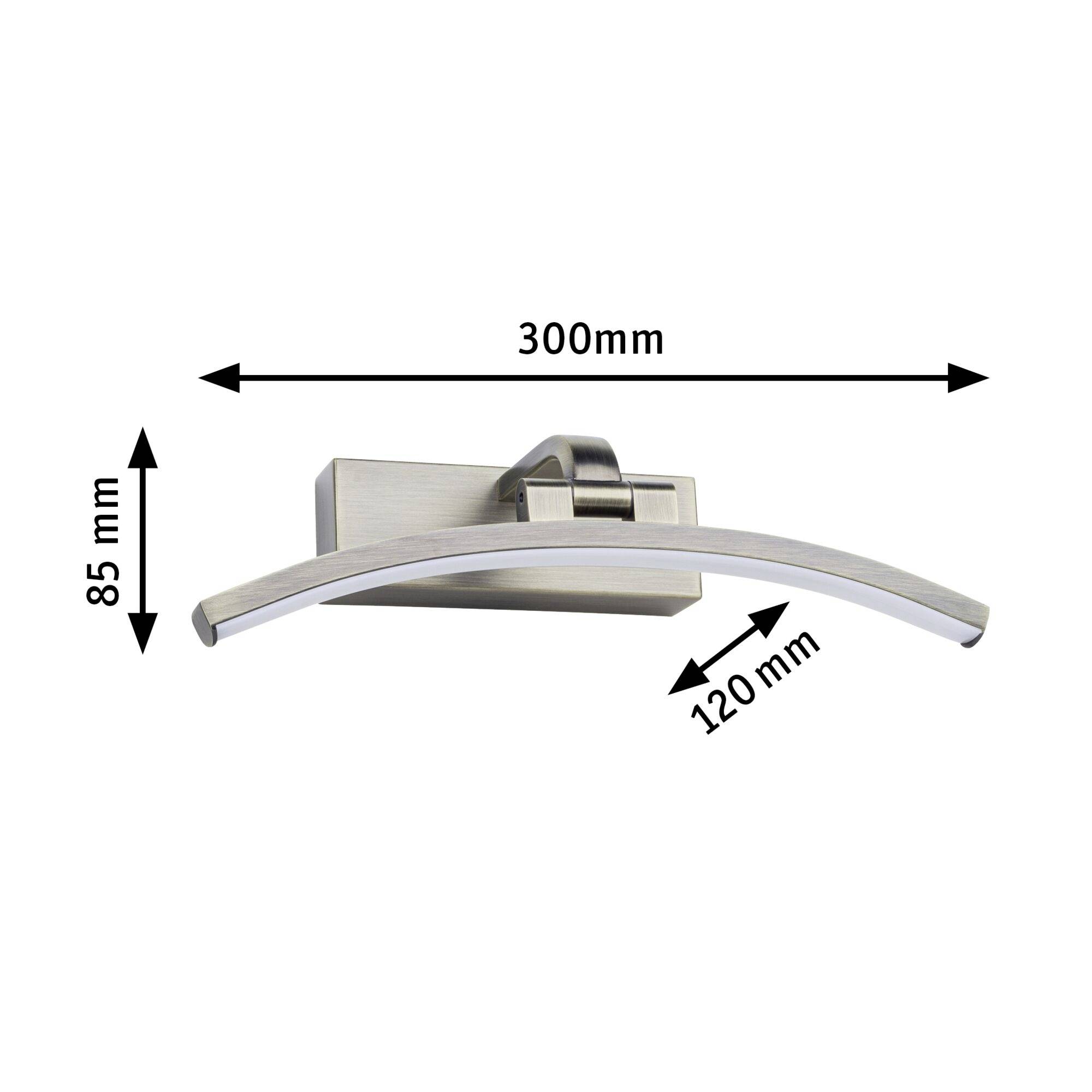 Wall light in brushed stainless steel, rectangular wall plate with curved arm. Dimensions: 300 mm width, 120 mm depth, 85 mm height.