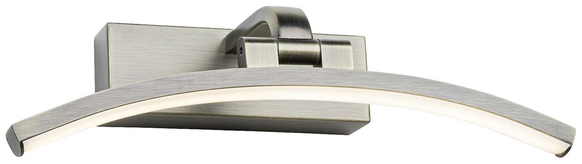Curved, contemporary LED wall light with brushed metal finish, mounted on a rectangular wall bracket.