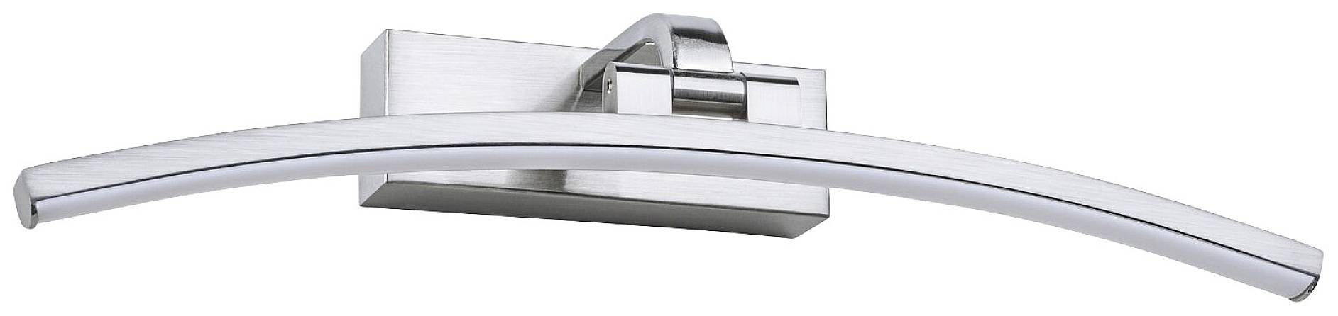 Wall light with curved, metallic design. Mounted on a rectangular base. Modern and minimalist.