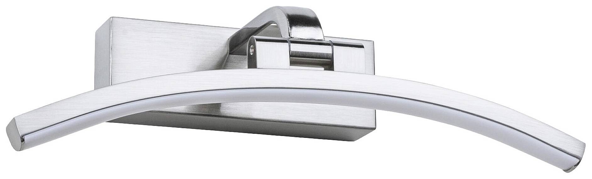 A curved metal wall light with a rectangular base and modern design. It features a curved, white lighting element.
