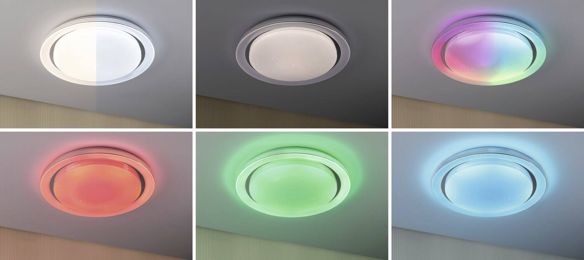Six different round ceiling lights, each displaying a different colour: white, red, green, blue, pink and multi-coloured illuminating.