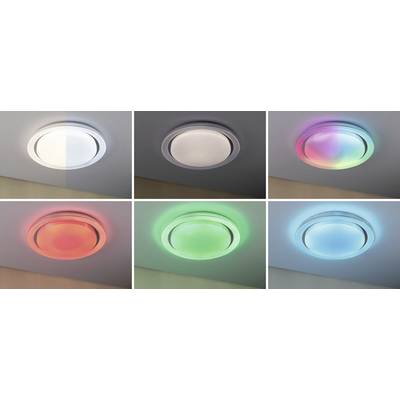 Six different round ceiling lights, each displaying a different colour: white, red, green, blue, pink and multi-coloured illuminating.