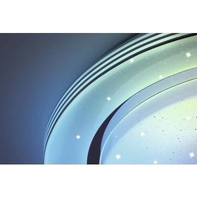 Circular ceiling light, illuminating in blue and green hues, with sparkling star patterns on a smooth surface.