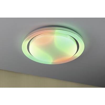 Round ceiling light with colour-changing LED lighting in green and orange. It is mounted on a grey ceiling.