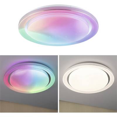 LED ceiling light with colour-changing function, displaying colourful lights on top and warm white illumination below.