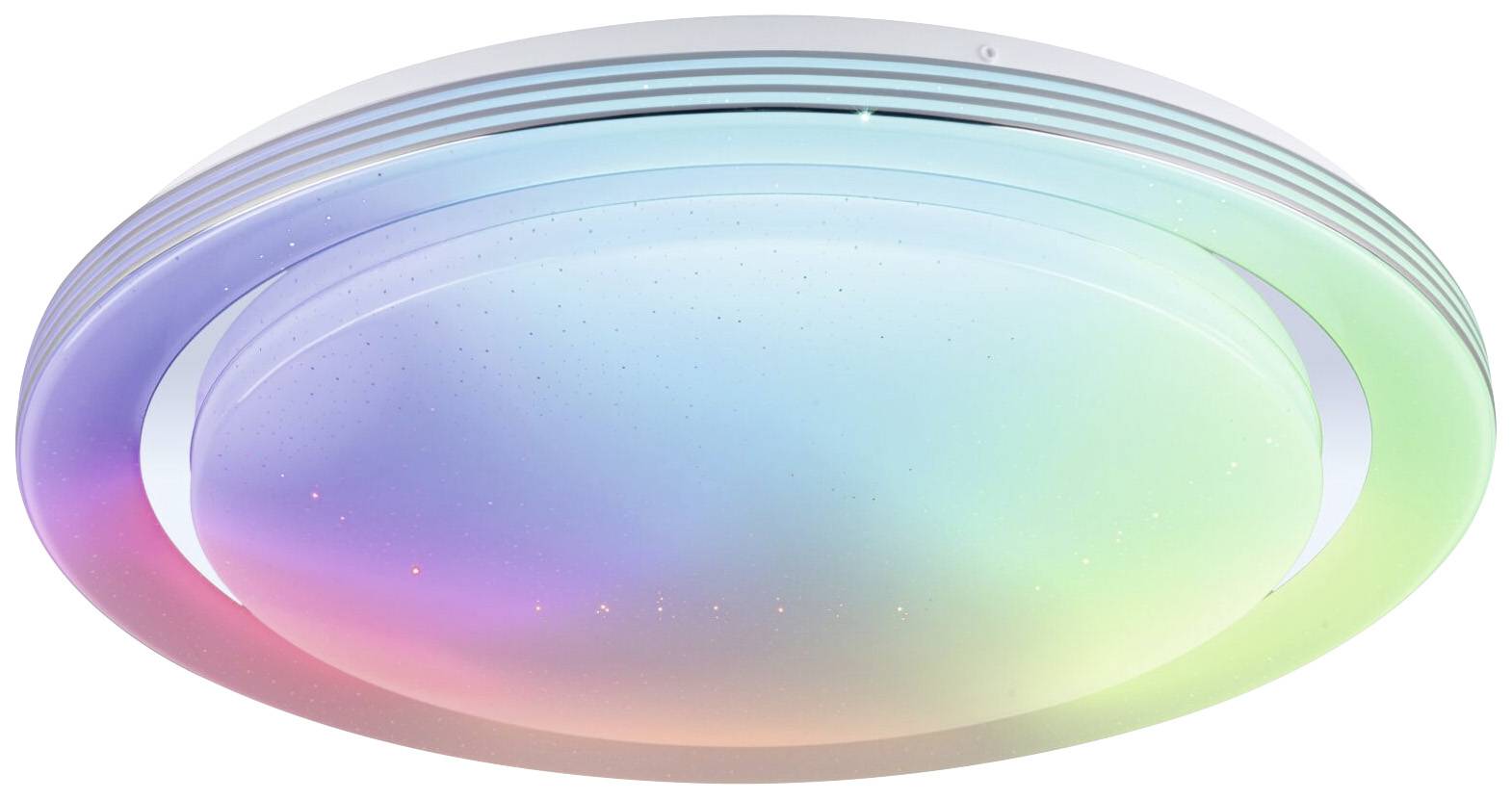 Colour-changing LED ceiling light with a starry sky effect, displaying soft colour gradients in a dark room.