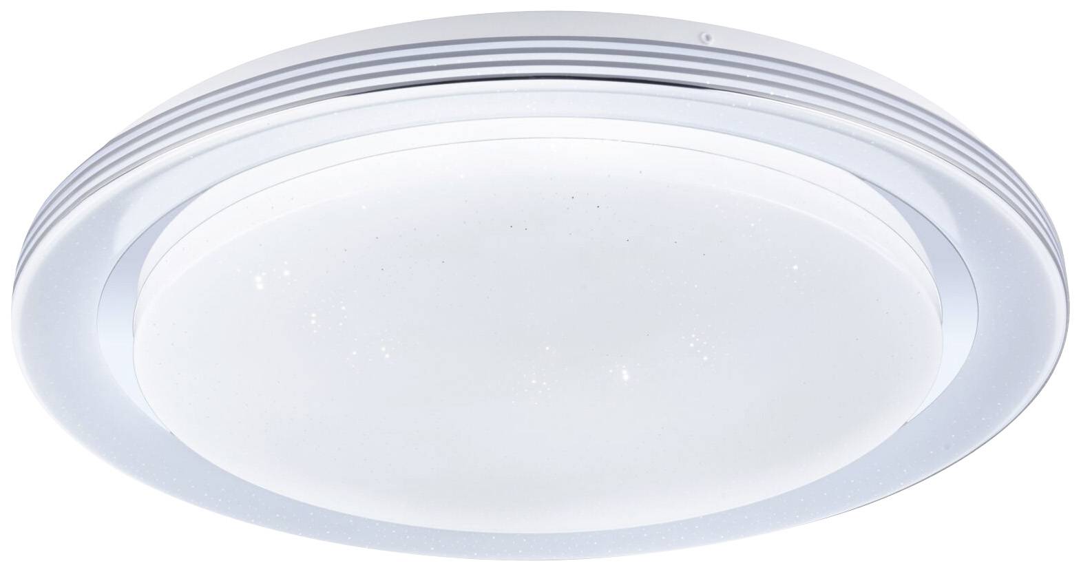 A round ceiling light with a smooth, white lampshade and a silver trim. Perfect for contemporary living spaces.