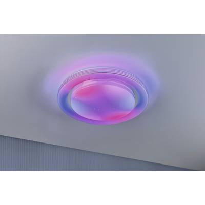 Round ceiling light with gradient in pink and blue, illuminating a modern space.