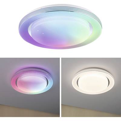 Round ceiling light, displays white colour at the top during the day, with different colour changes underneath in a dark room. Modern, minimalist design.