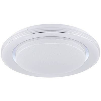 Round, modern LED ceiling light in white, suitable for interior spaces. Ideal for uniform room illumination.