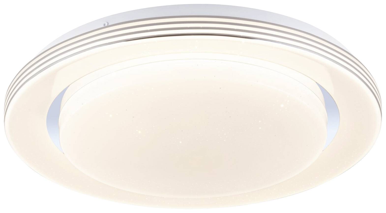 A modern, round ceiling light with bevelled edges and bright LED lighting, suitable for living rooms or offices.
