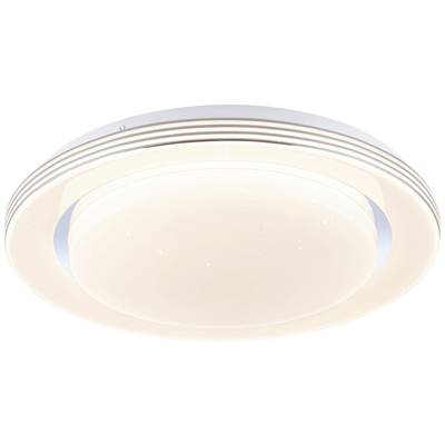 A modern, round ceiling light with bevelled edges and bright LED lighting, suitable for living rooms or offices.