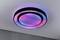 Modern ceiling light that illuminates in various colours, ranging from pink to blue, installed on a white room ceiling.