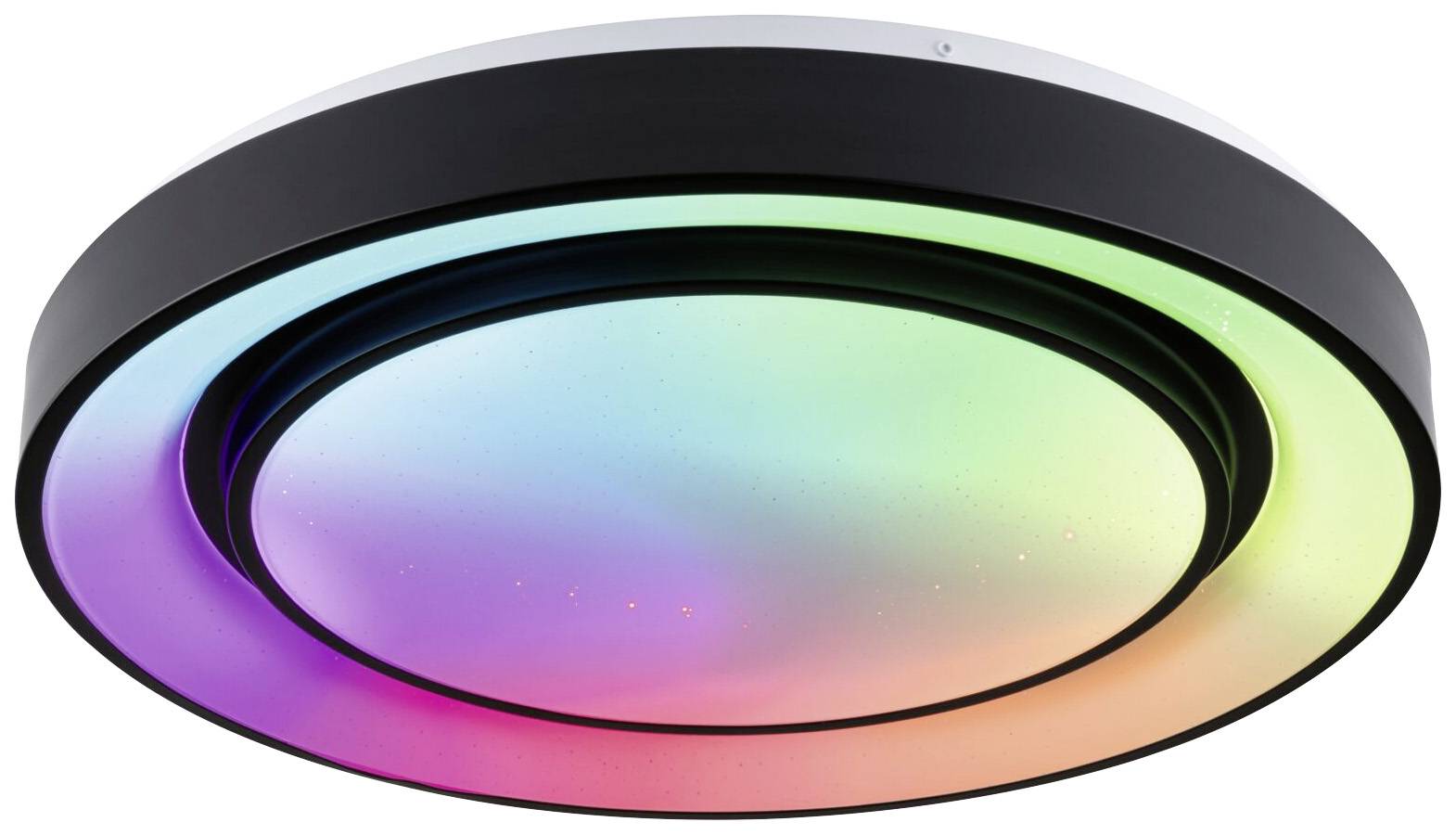 Round ceiling light with colour-changing LED illumination in rainbow colours. Modern design with black border.