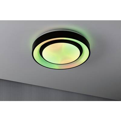Round ceiling light with multi-coloured LED lighting, predominantly green and orange, mounted on a white ceiling.