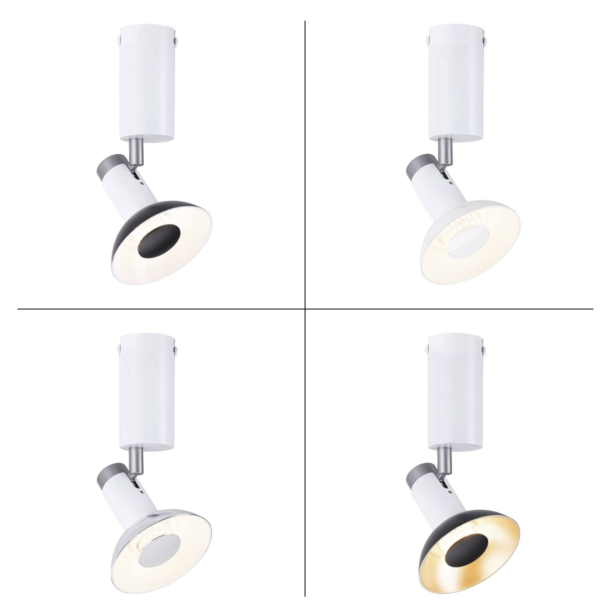 Four white LED spotlights in a square arrangement, each with a cylindrical housing and varying light beam.
