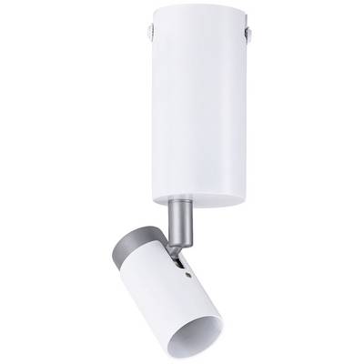 A white, cylindrical ceiling light with an adjustable spotlight. Suitable for accent lighting in interior spaces.