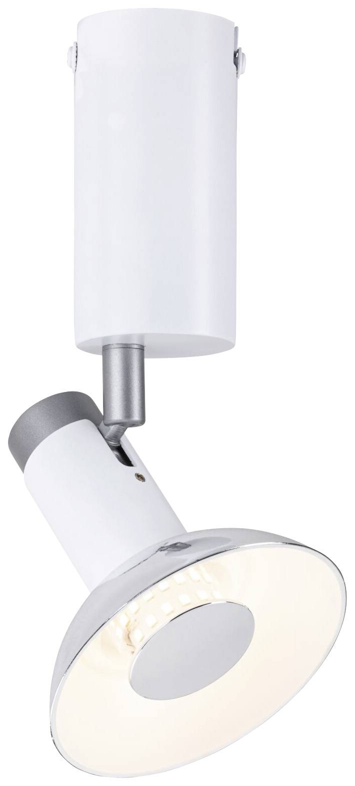 White ceiling spotlight with adjustable cylindrical head, shines brightly. Modern design, suitable for interior lighting.