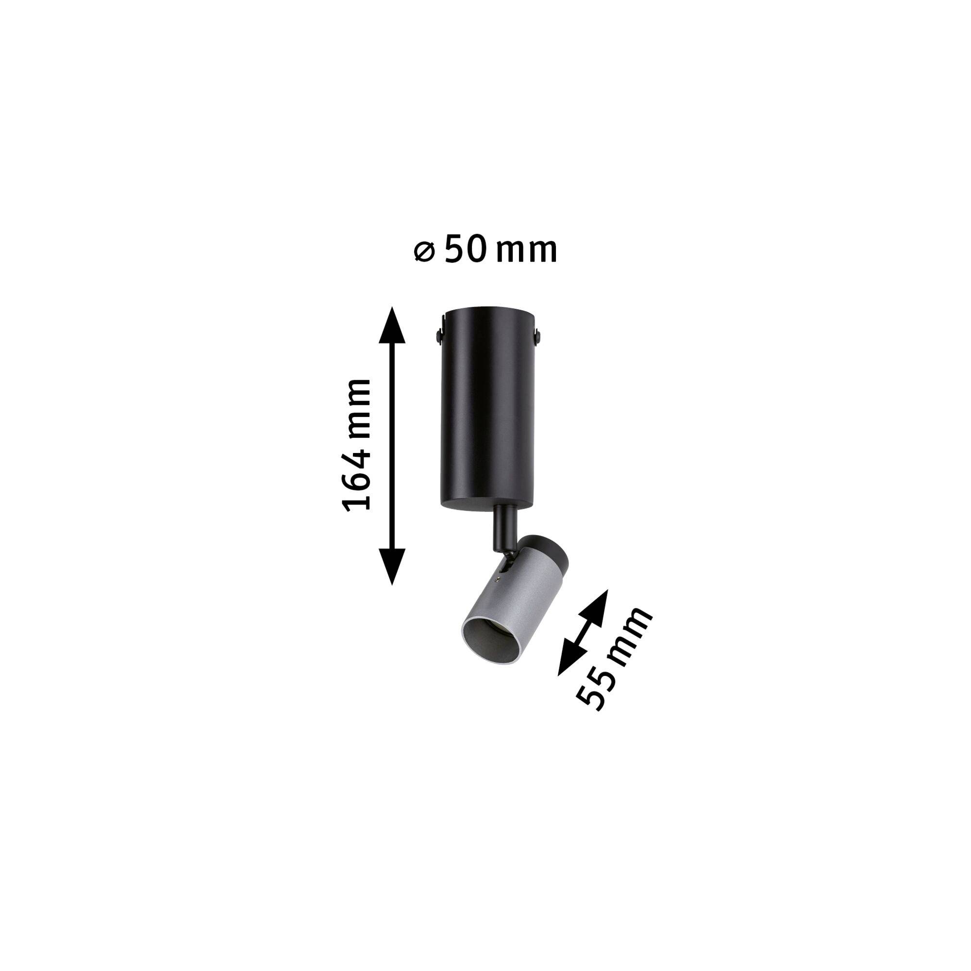 A cylindrical, black ceiling spotlight with adjustable light head. Height 164 mm, head 55 mm diameter, base 50 mm diameter.