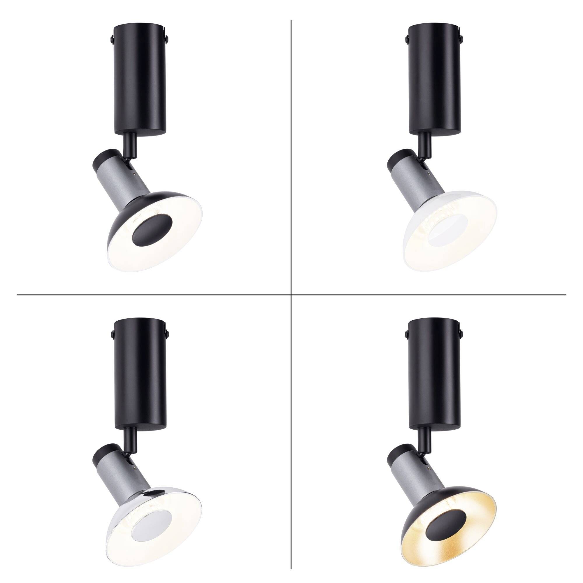 Four spotlights with black housing and adjustable head in various lighting moods: neutral white, warm white and cool white.
