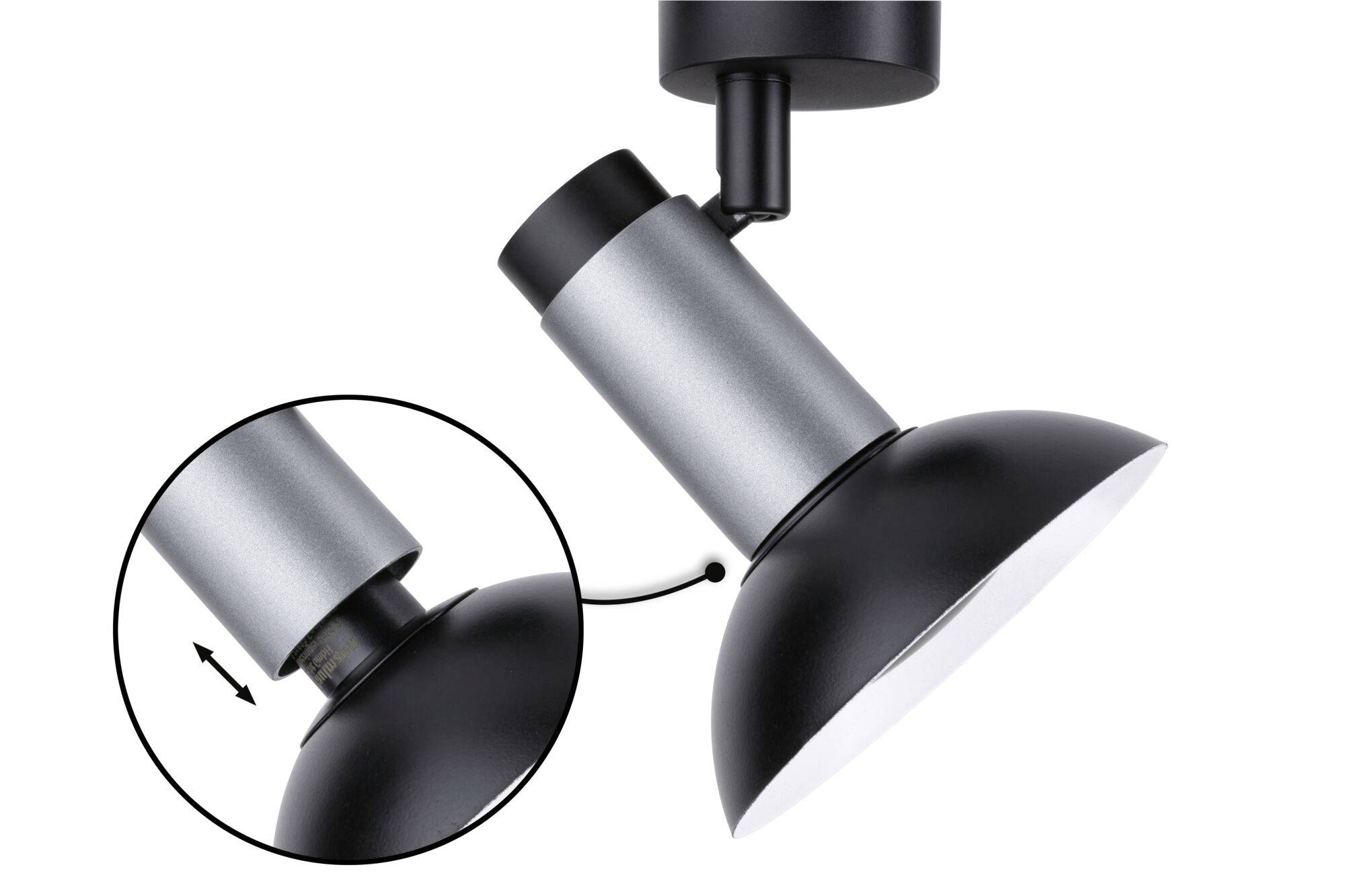 A black ceiling spotlight with an adjustable lamp head. A small circle shows a close-up of the pivoting joint.