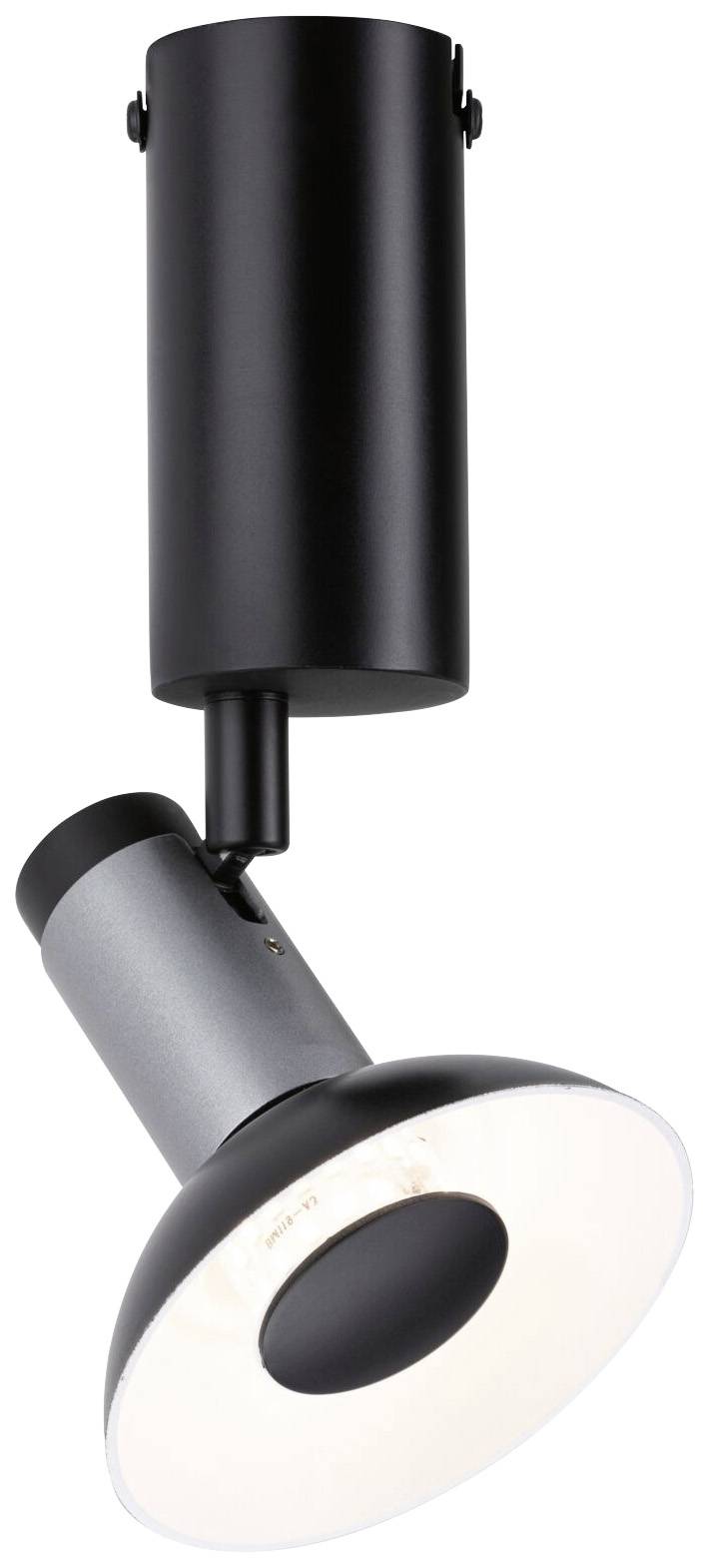 Black ceiling light with adjustable, round lampshade and cylindrical base. Perfect for directional lighting.