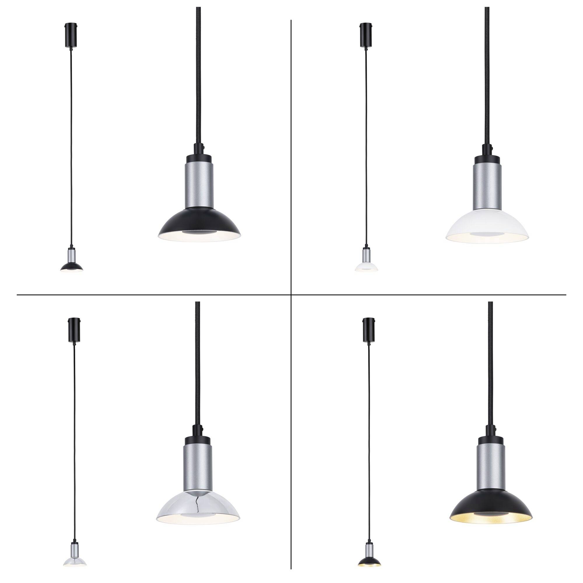 Four pendant lights in different shapes and sizes, each with a black cable suspension, against a white background.
