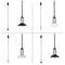 Four pendant lights in different shapes and sizes, each with a black cable suspension, against a white background.