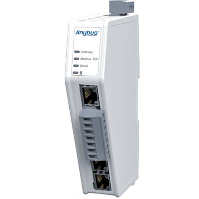 An Anybus communication module with Ethernet and serial interfaces. Labelled with 'Gateway', 'Modbus TCP', 'Serial'.