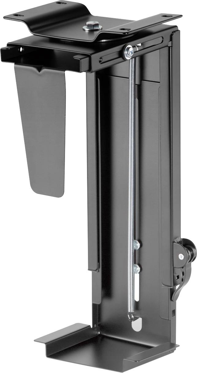 Black metal computer mount, vertically installed, suitable for attaching to a table or desk for space-saving office workstations.