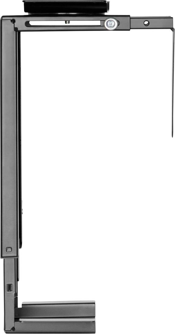 Black, vertical metal frame with an upper and lower attachment mechanism. Potentially used for mounting or securing.