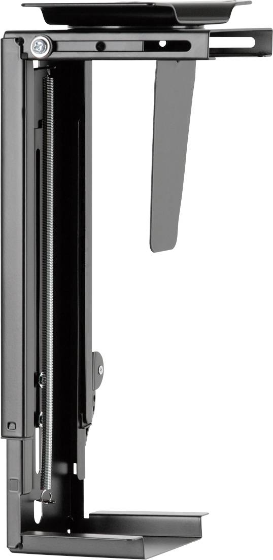 Black, vertical metal bracket with a movable part, possibly designed for mounting under desks or for CPU support.