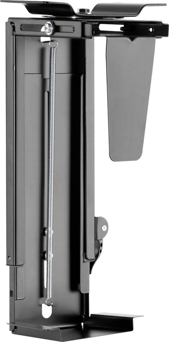 A black metal bracket, mounted vertically. It contains springs and screws, potentially part of a device mounting system.