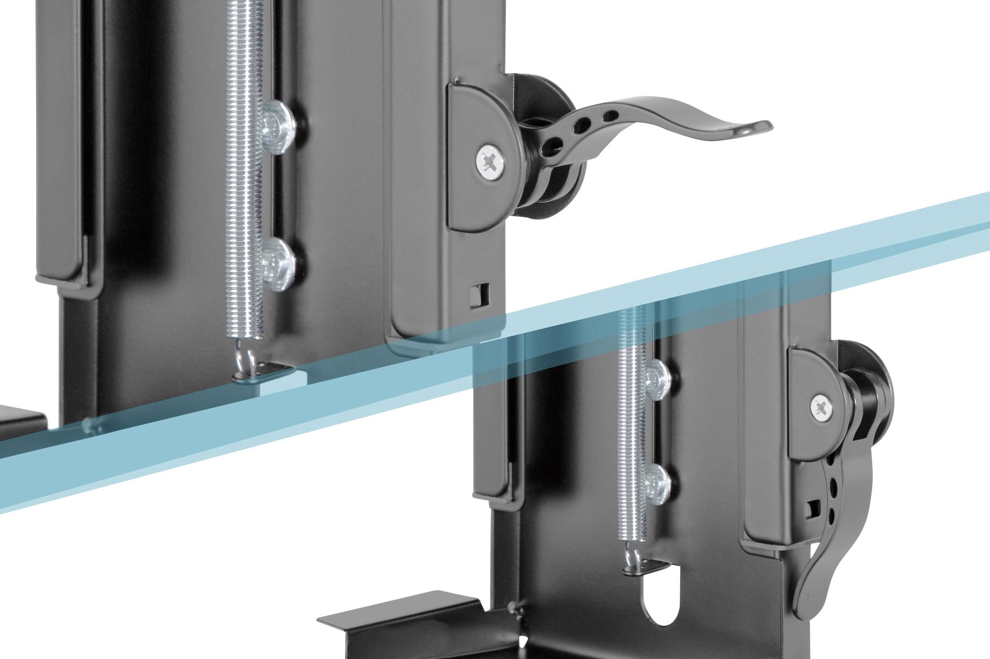 'Two black metal mounting parts with springs, angled view. One pivoting with a lever, the other fixed with a screw.'