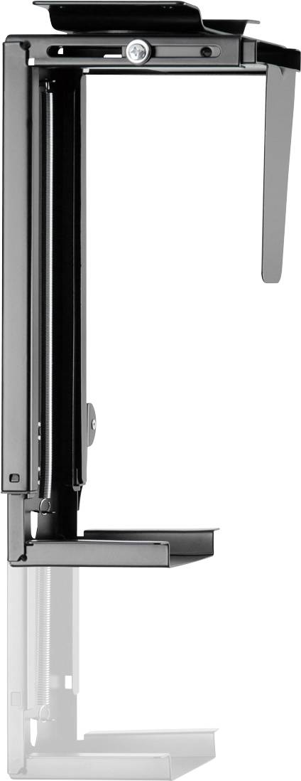 A black metal bracket with an adjustable lever mechanism, likely for mounting a monitor or device to a desk.