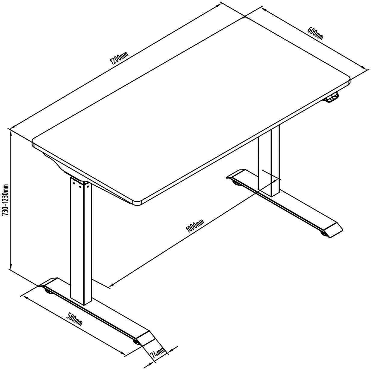 Drawing of an adjustable-height desk with dimensions: 1200 mm width, 600 mm depth, 500-1280 mm height.