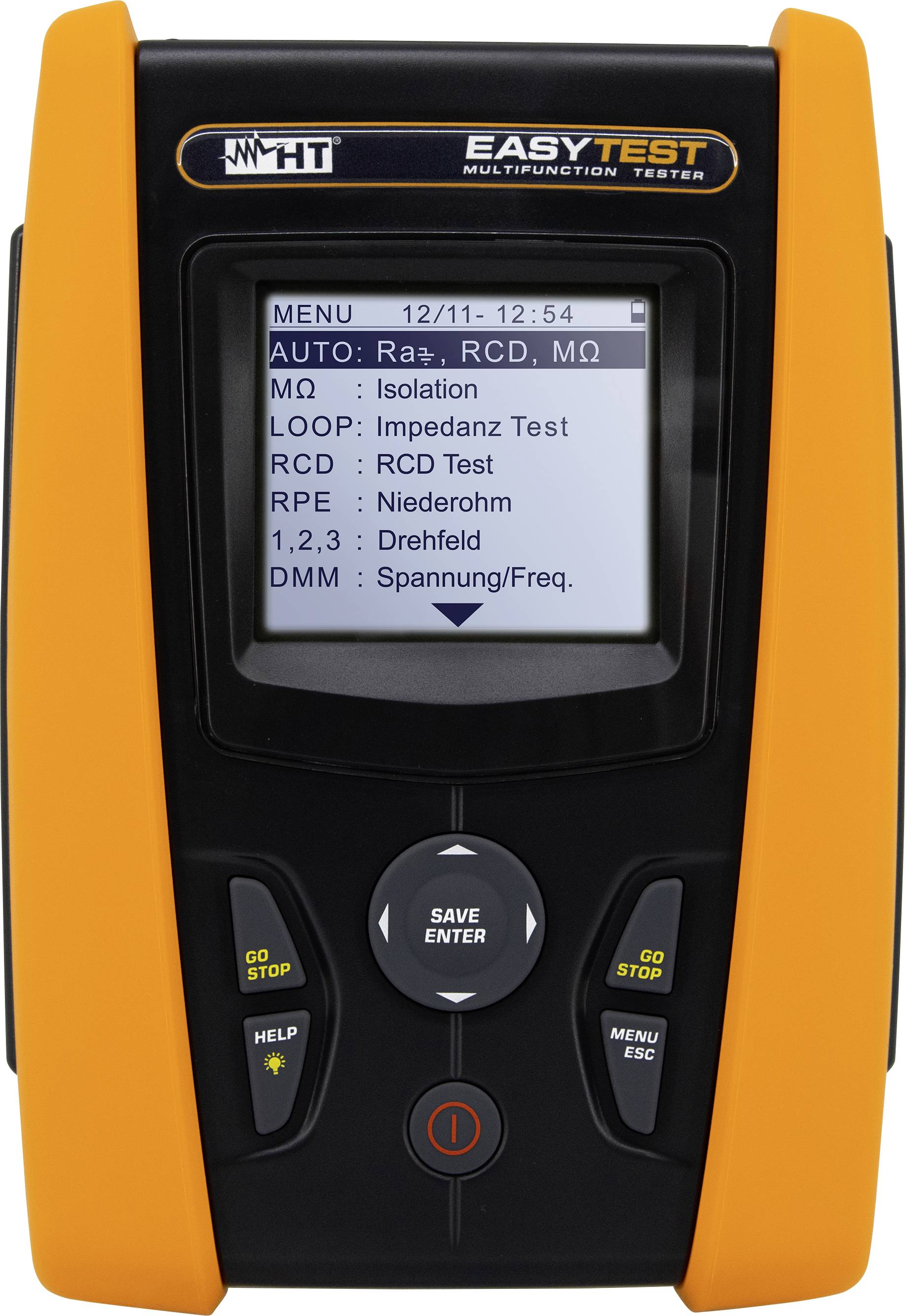 A multi-function testing device with a display showing various electrical test options such as insulation, RCD, and voltage checks.
