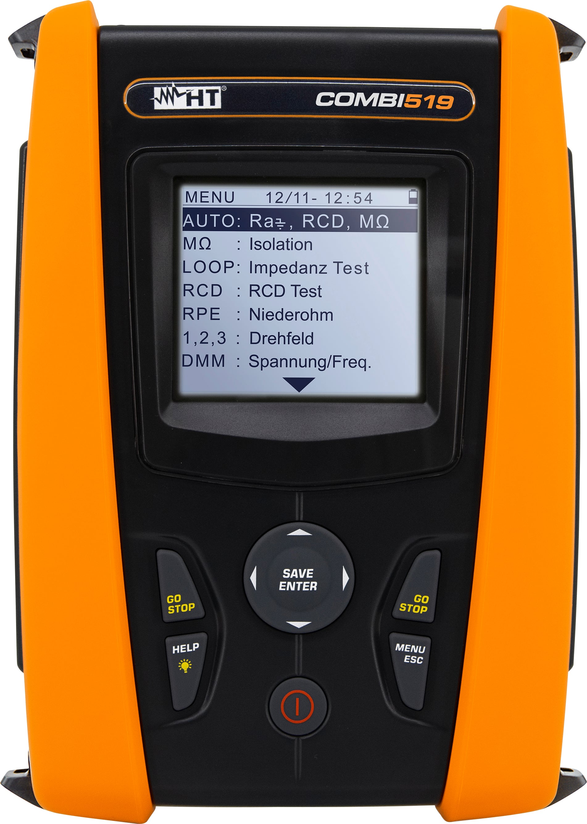 A test device with a display shows a menu for automatic tests such as insulation testing, loop testing, and voltage measurement.