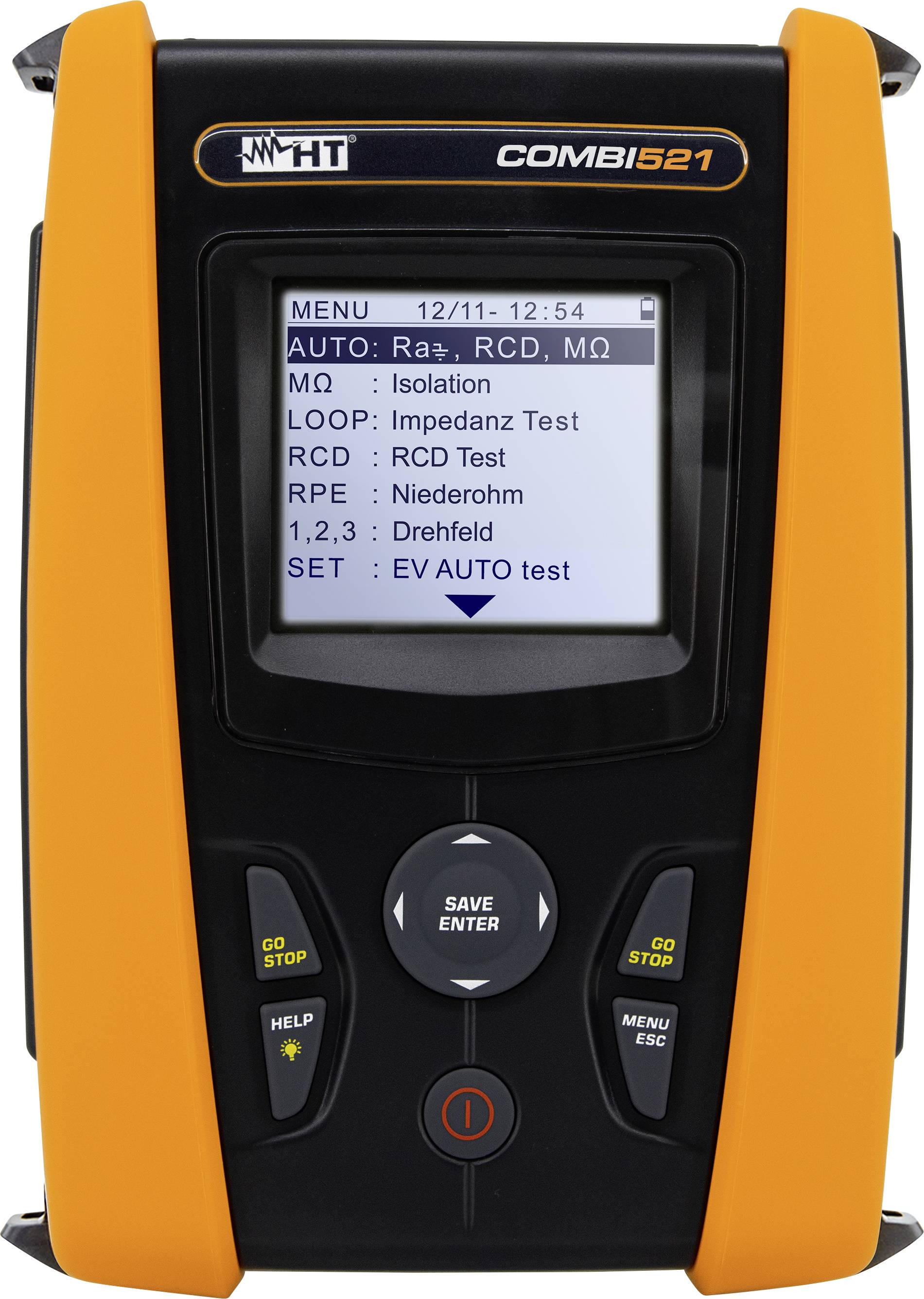 A portable electrical test instrument with a display shows menu options such as insulation, loop, RCD, and impedance tests.