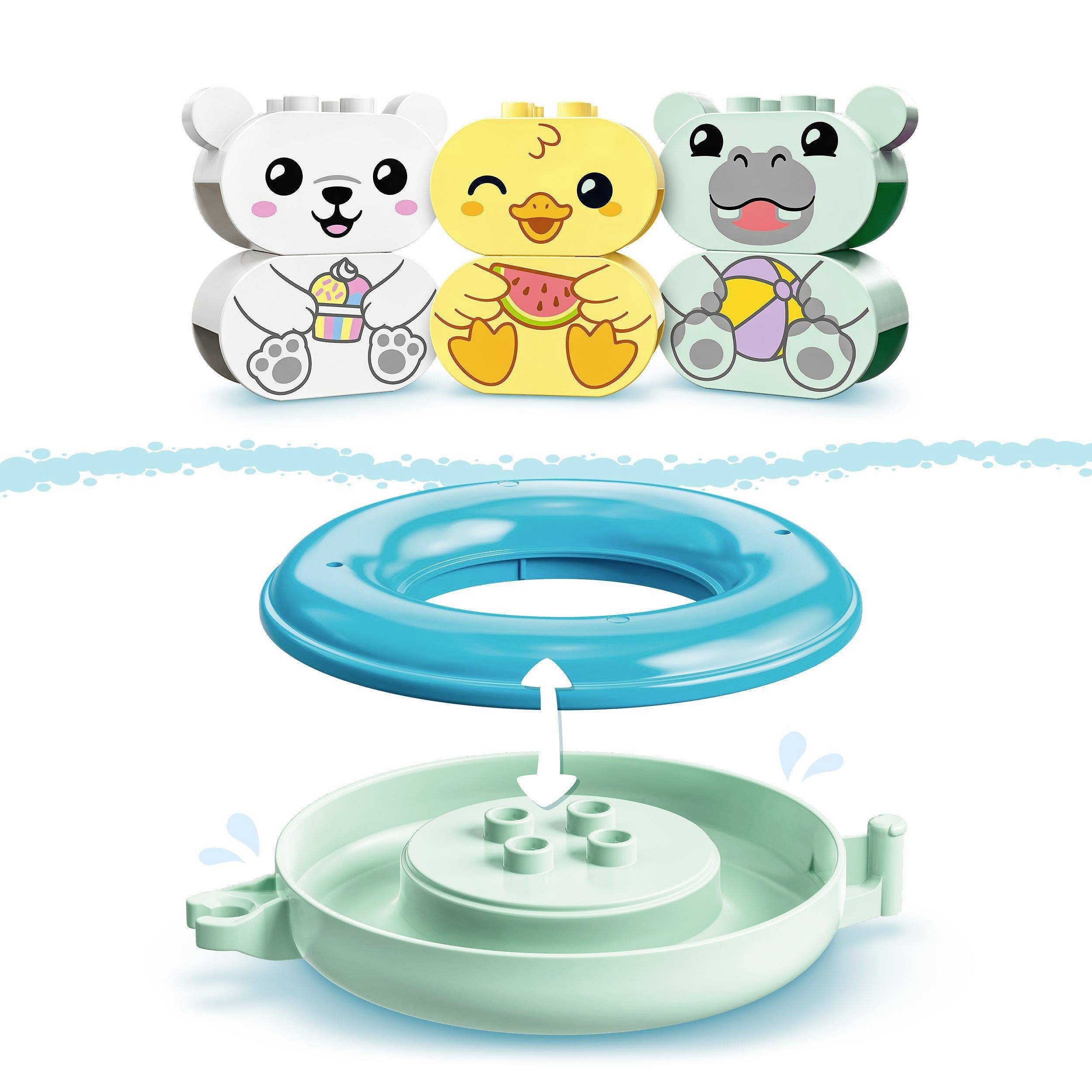 Three colourful bath toy figures made from building blocks: a polar bear, a duck, and a hippopotamus. Underneath, a blue and green swimming ring.