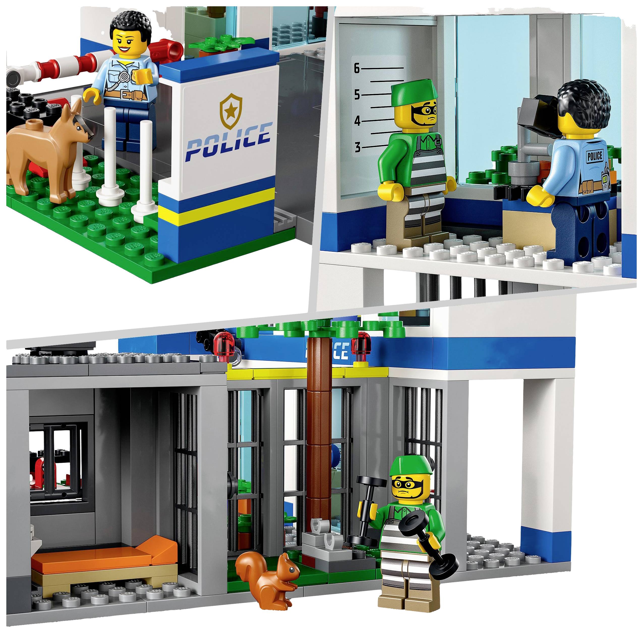 Toy construction kit of a police station scene: a police officer, a dog, and a criminal. Details include cell, reception, and headquarters.