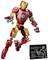 A LEGO model of Iron Man in action, with a red and gold suit, featuring a blue reactor in the chest area. A black shield with white text about the figure is located in the bottom right.