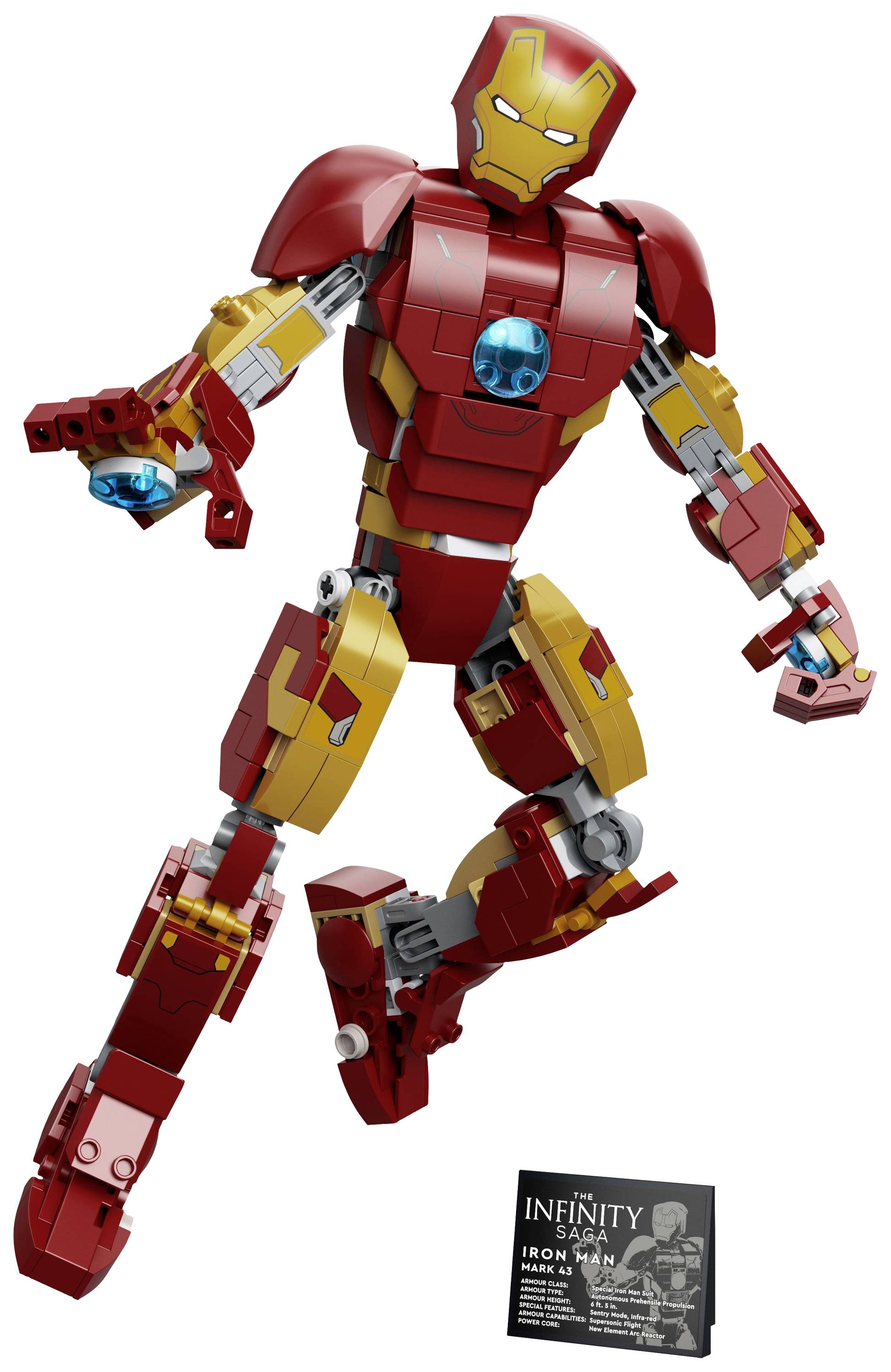Lego model of a red and yellow superhero with a luminous blue circle on the chest, in a dynamic pose. Sign reads 'Infinity Saga Iron Man'.