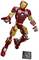 Lego model of a red and yellow superhero with a luminous blue circle on the chest, in a dynamic pose. Sign reads 'Infinity Saga Iron Man'.