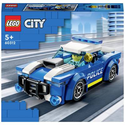A LEGO City Police Car Set for children aged 5 and up. A blue and white police car with a play figure on a road.