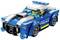 A toy police car made of building blocks with a smiling driver, blue and white colours, and a yellow 'POLICE' text.