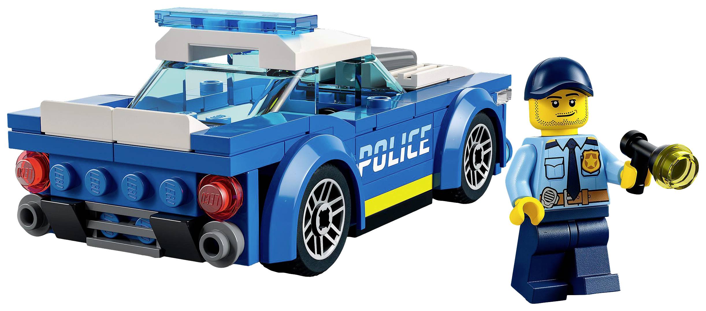 A Lego model of a blue police car with a police officer figure standing beside it, holding a torch.