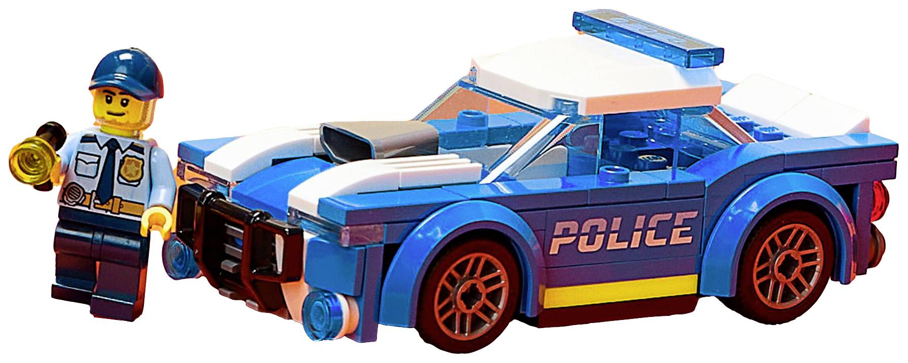 'A Lego police officer with a torch stands next to a blue Lego police car.'