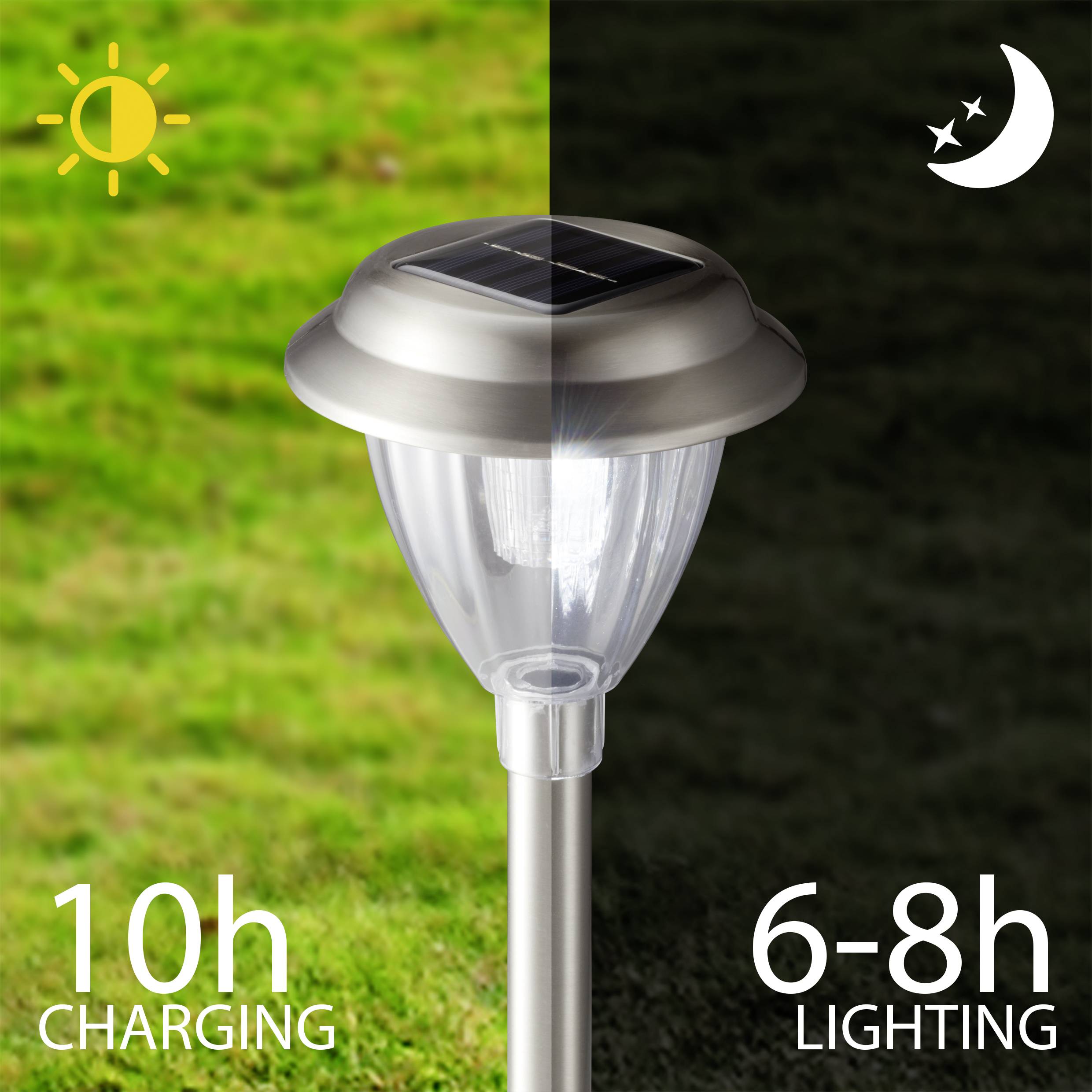 Solar light in a garden during day and night. Left: Sun with '10h charging', right: Moon with '6-8h illumination'.